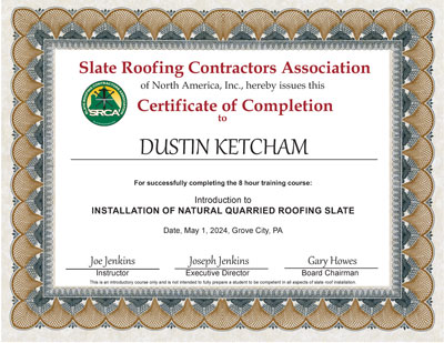 Dustin Ketcham took the Slate Roof Installation Course, May 1, 2024.