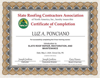 Alex Ponciano took the Slate Roof Repair Course, May 2, 2024.
