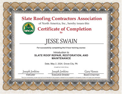 Jesse Swain took the Slate Roof Repair Course, May 2, 2024.