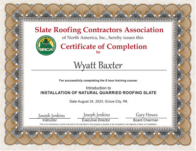 Slate Roof Installation Introductory Course for Wiss Janey employee Wyatt Baxter, August 24, 2023
