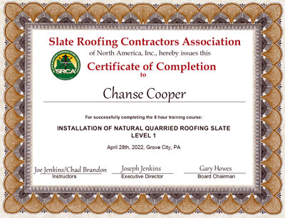 Chanse Cooper Slate Roof Installation Certificate